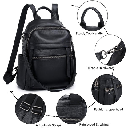 Wesccimo Genuine Leather Backpack Purse For Women Black Real Soft Leather Convertible Ladies Daypack Shoulder Bag