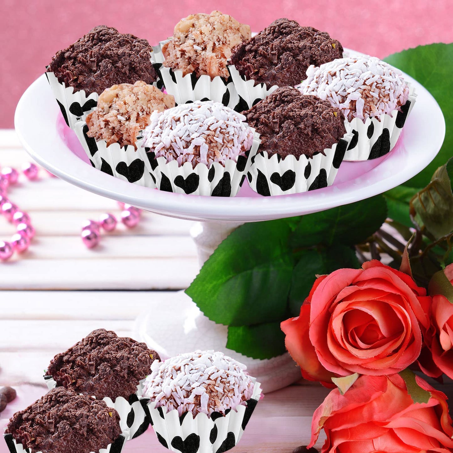 Pinkunn 600 Pcs Cow Print Paper Cupcake Liners Mini Cupcake Liners Muffin Baking Cups Small Candy Cups Making Supplies for Birthday Shower Theme Graduation Party Decoration