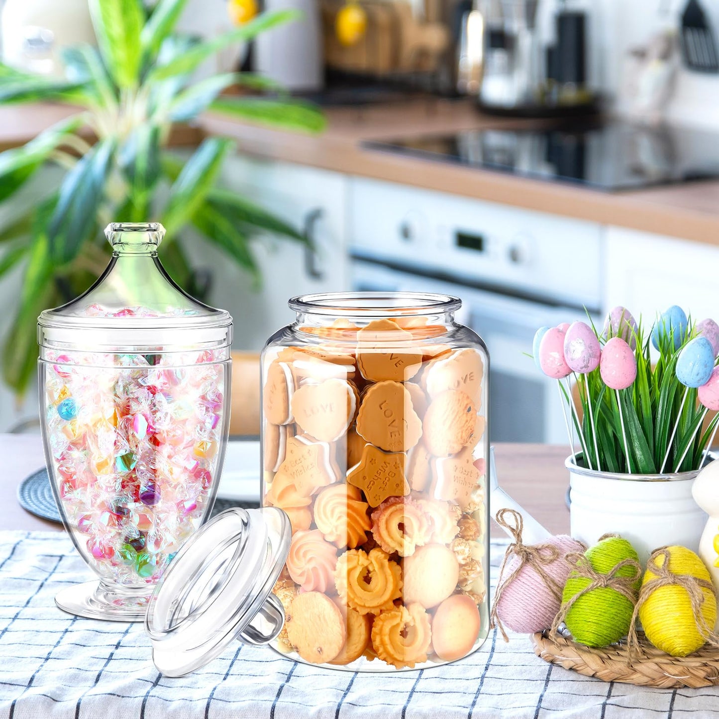 Nuogo 2 Pcs 1 Gallon Plastic Candy & Cookie Jar with Lids 128 oz Decorative Apothecary Jars Candy Buffet Containers Clear Airtight Food Storage Canister Home Decor Centerpiece (Bottle+cup Shape)