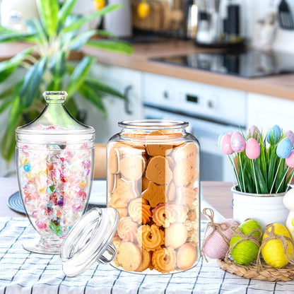 Nuogo 2 Pcs 1 Gallon Plastic Candy & Cookie Jar with Lids 128 oz Decorative Apothecary Jars Candy Buffet Containers Clear Airtight Food Storage Canister Home Decor Centerpiece (Bottle+cup Shape)