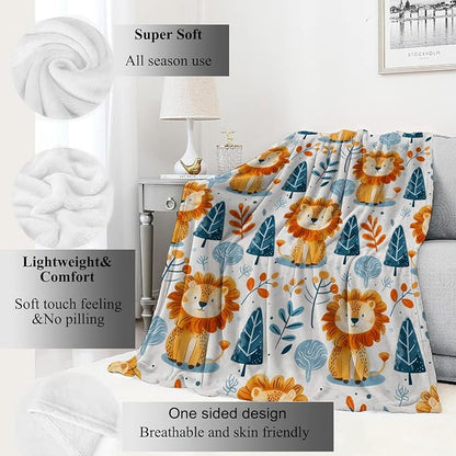 Cute Lion and Forest Blanket,Fun Cartoon Jungle Theme Throw Blankets,Birthday Gifts for Kids & Animal Lovers,Lightweight Soft Fleece,for Picnic Sofa Couch Bed Room Travel,Modern Decor,40x50in