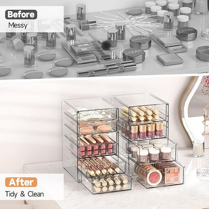 Makeup Drawer Storage Organizer with 16 Drawers, 4 Set Acrylic Office Desk Organization and Storage, Dustproof Drawer Organizer for Makeup, Office, Countertop, Jewelry, Pen, Desktop, Bathroom, Bedroom
