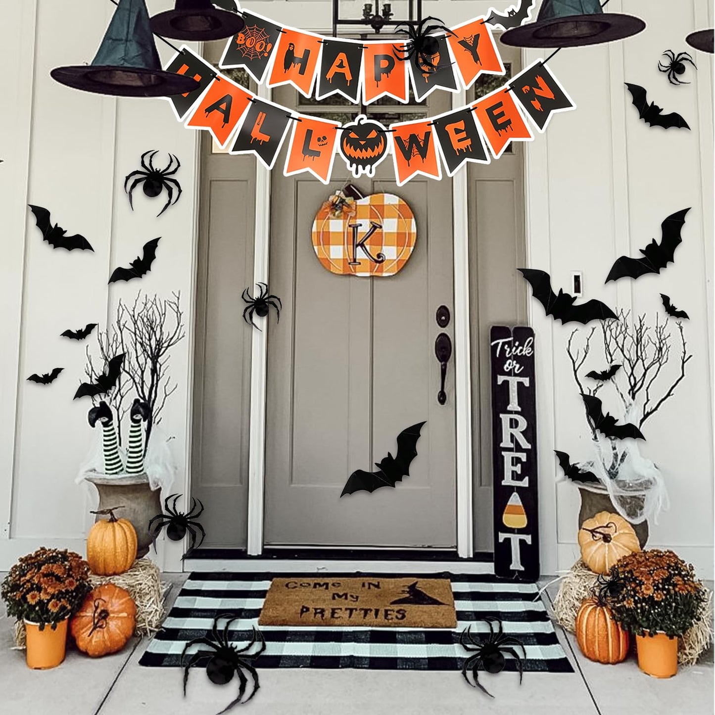Indoor/Outdoor Halloween Decor Set - Mantel Scarf, Spider Table Runner, 3D Bats & Spiders, Happy Halloween Banner