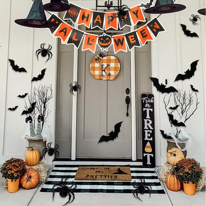 Indoor/Outdoor Halloween Decor Set - Mantel Scarf, Spider Table Runner, 3D Bats & Spiders, Happy Halloween Banner