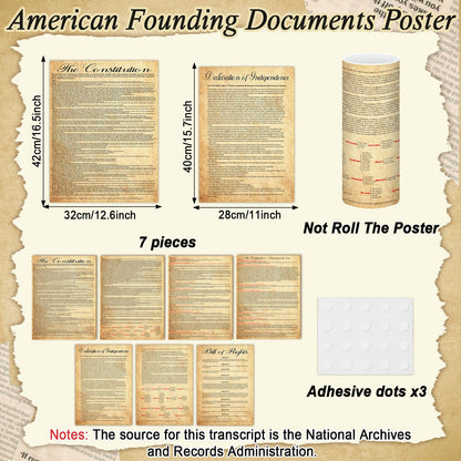 7Pcs American Founding Documents Poster US Constitution with All Amendments, Declaration of Independence and Bill Of Rights Posters Vintage US History Wall Prints for Classroom School Home Office