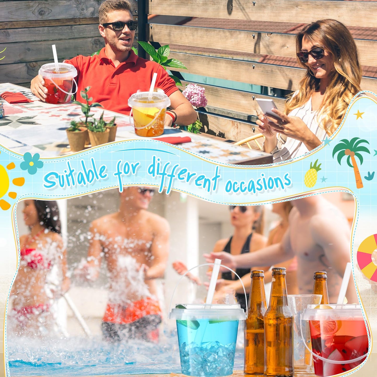 Funnymoom 15 Set 24oz Clear Plastic Drink Buckets with Lids and Straws Disposable Iced Coffee Cups Rum Buckets for Cocktail Parties Smoothie Cup Bulk with Handles for Beach Pool Party Supplies