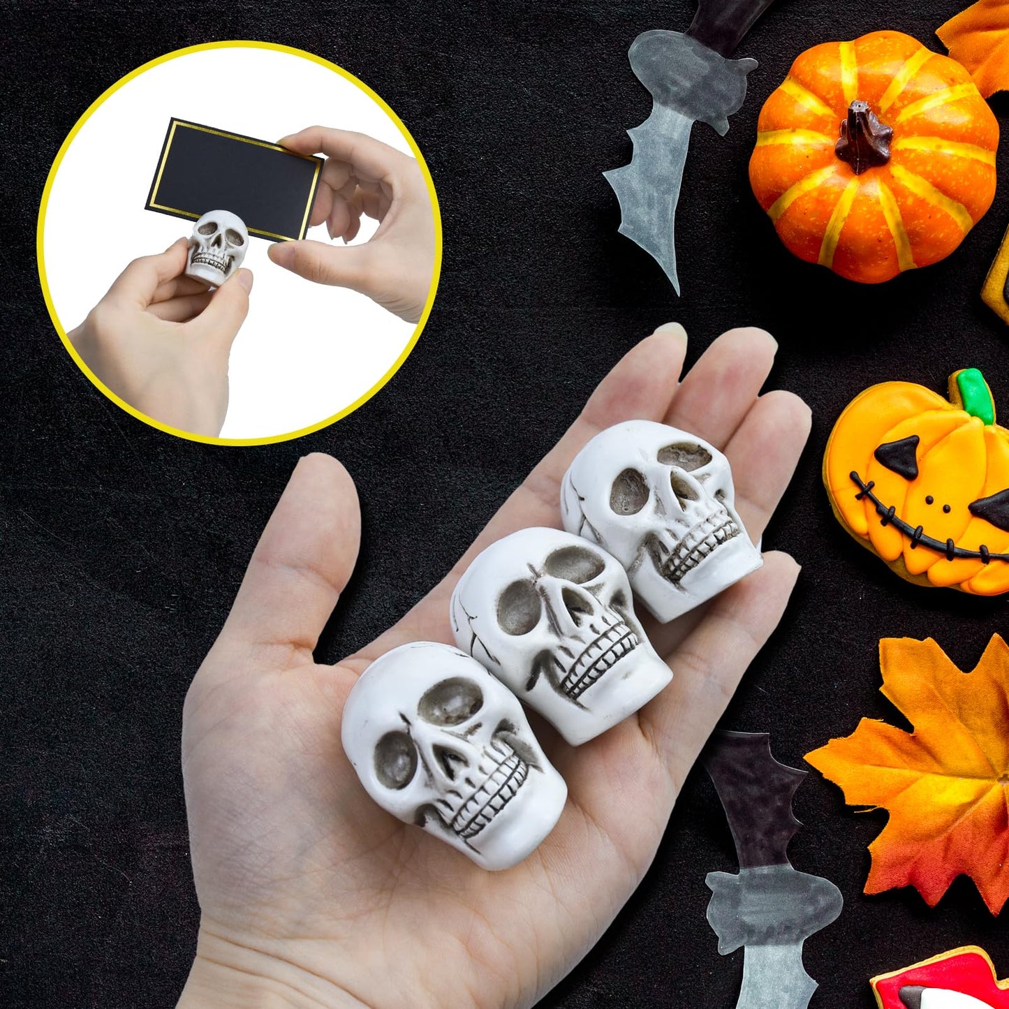 12pcs Halloween Skull Place Card Holders with 24 Cards, Skeleton Table Number Name Card Holder Gothic Photo Stands Display Centerpieces Halloween Table Setting Decor for Scary Birthday Wedding Party