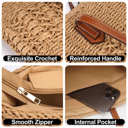 Aodse Beach Bags for Women, Summer Straw Beach Bag with Zipper Pocket, Durable Straw Tote Bag Shoulder Handbags for Beach, Travel, Vacation, Shopping （Khaki）
