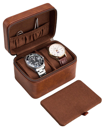 ProCase 2-Slot Watch Travel Case for Men, PU Leather Portable Watch Holder, Compact Small Carrying Storage Box for Luxury Watches & Smartwatches with Jewelry Compartment, Fathers Day Gift -Brown