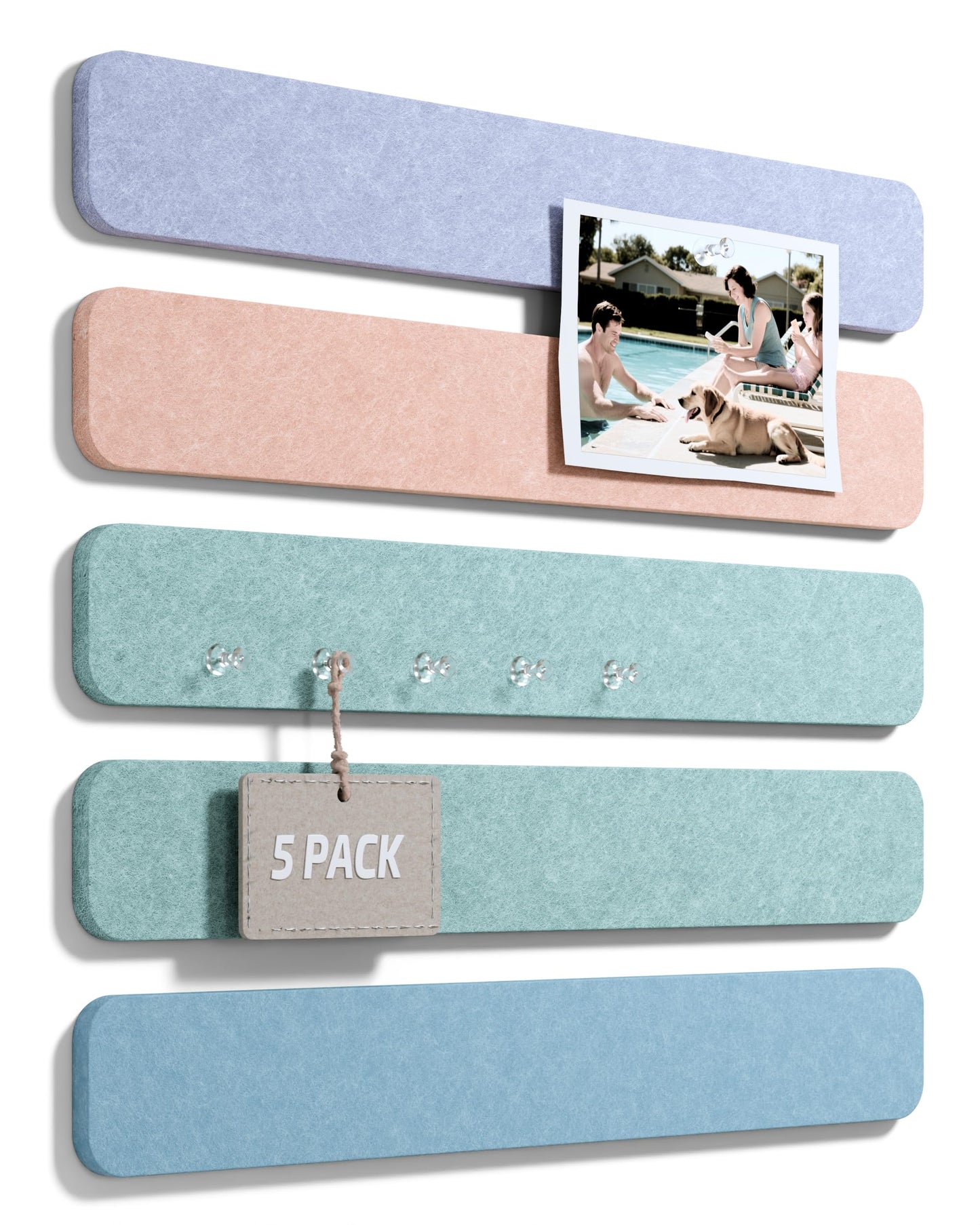 Fluxynara Cork Board Alternative Felt Strip Board 5-Pack 13"x2", Office Pin Board with 35 Push Pins, Adhesive Install for Bedroom Door & Home Office (Coastal Haze)