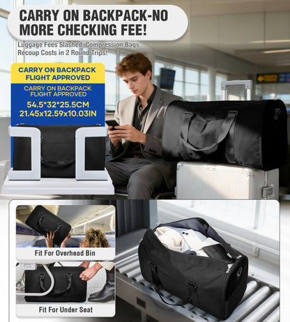 Convertible Garment Duffle Bags for Travel, Carry On Garment Bag for Women Men 2 in 1 Hanging Suit Bag, Large Weekender Bags for Business Trip Wedding Hanging Clothes Black