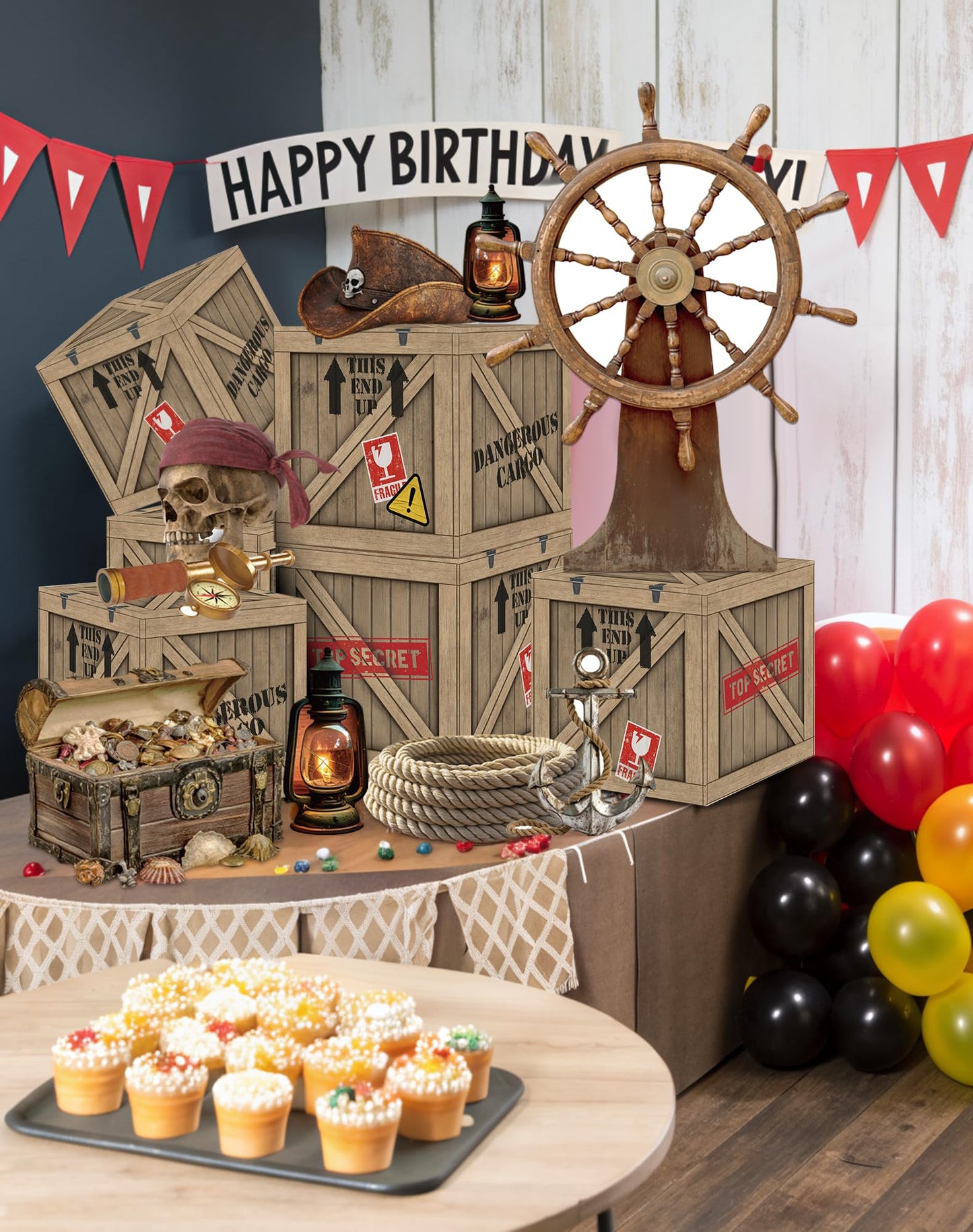 KARAQY Pirate Party Decorations – 10 Inch Imitation Wooden Boxes with Pirate Treasure Chest, Trunk or Treat Car Decor Kit for Birthday, Halloween, Adventure Party, Photo Booth Props