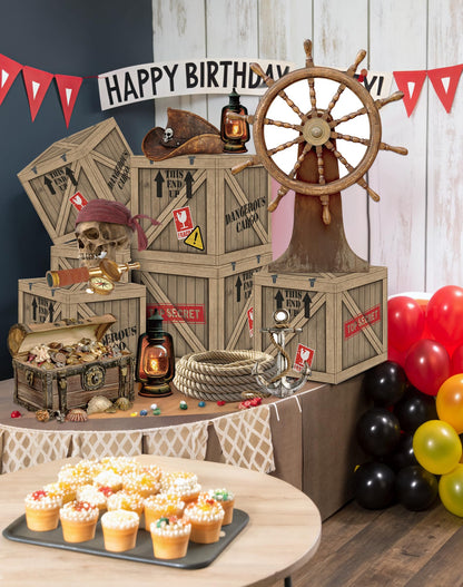 KARAQY Pirate Party Decorations – 10 Inch Imitation Wooden Boxes with Pirate Treasure Chest, Trunk or Treat Car Decor Kit for Birthday, Halloween, Adventure Party, Photo Booth Props