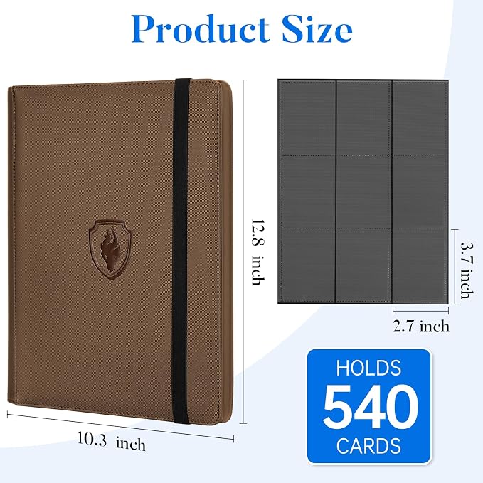 Premium 9 Pocket Card Binder for 540 Cards, Fabmaker PU Cover Trading Card Binder, Sturdy Card Collection Album, Sleek Card Holder Folders for Game Cards & Sports Cards, Brown