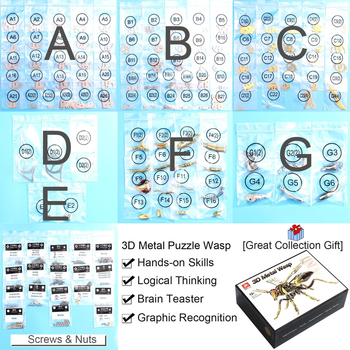 OreilleStar 3D Metal Puzzles for Adults Model Kits of Northern Giant Hornet Mechanical Wasp Building Blocks, Difficult DIY Assembly for Men (3D Metal Wasp-Silver)