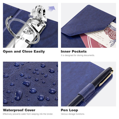 Ospelelf Leather Mini Binder Vintage Hardcover 2 Inch Rings, Professional Small 3 Ring Binders Organizer Suitable for 5.5" x 8.5" Documents, Binder Dividers with Tabs, Dark Blue