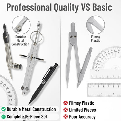 Mr. Pen Geometry Set with 6 Inch Swing Arm Protractor, Divider, Set Squares, Ruler, Compasses and Protractor, 15 Piece Set