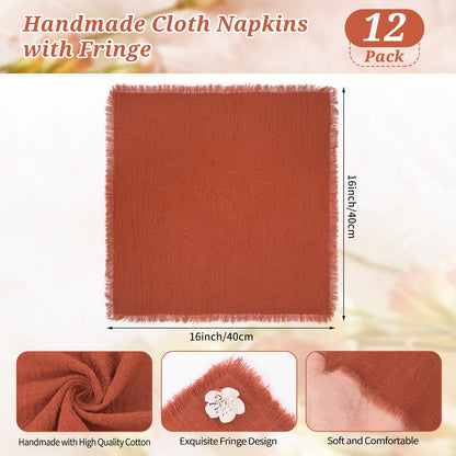 12 Pack Terracotta Cloth Napkins Cotton Linen Napkins with Fringe 16 x 16 Inch Soft Handmade Napkins Cloths Delicate Washable Rustic Dinner Napkin Cloths for Wedding Party Dinner Table Decor