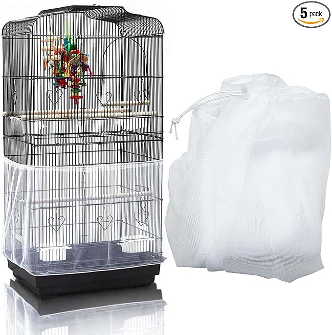 Bird Cage Seed Catcher, Large Bird Cage Cover, 75-118'' Universal Adjustable Birdcage Cover Skirt Soft Airy Nylon Mesh Net for Parakeet Macaw African Round Square Cage, White