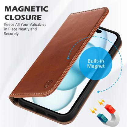 SHIELDON Case for iPhone 15 Plus 5G, Genuine Leather Wallet Magnetic Cover Kickstand RFID Blocking Credit Card Holder Shockproof Case Compatible with iPhone 15 Plus 6.7" 2023 - Retro Brown