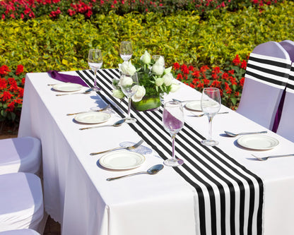 Newwiee 108 Pcs Stretch Chair Sashes with Table Runners, Sashes Fringe Table Runner for Party Wedding Reception Banquet Decorations (Black and White)