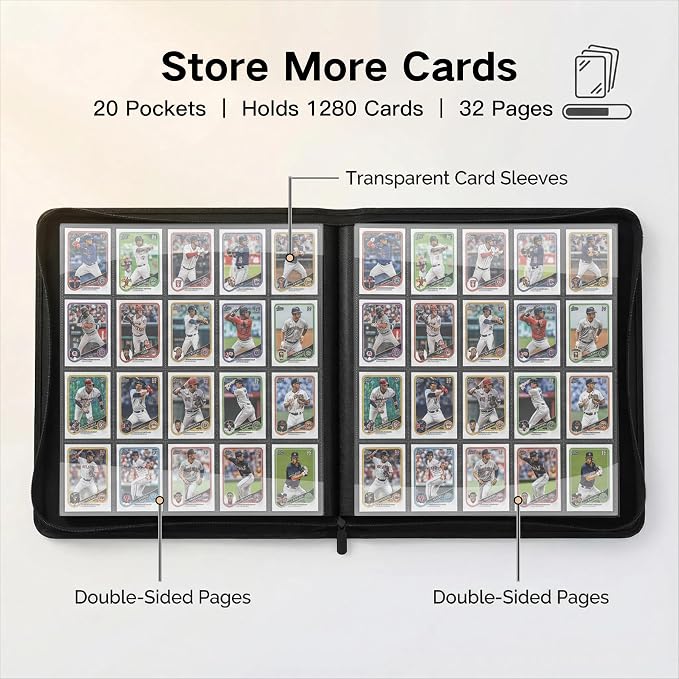 1280+ Cards 20 Pocket Card Binder Collector Card Album Trading Card Binder Ringless Trading Card Album Side Loading Compatible with TCG, Game & Sports Cards (Black)