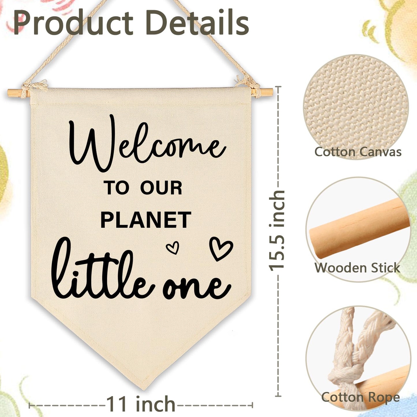 Baby Arrival Gift-Welcome to Our Planet Hello World- Canvas Hanging Pennant Flag Banner Wall Sign Decor Gifts for Nursery Baby Kids Girl Boy Teen Bedroom Playroom Decor- Birthday Christmas Presents