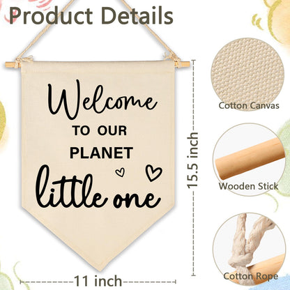 Baby Arrival Gift-Welcome to Our Planet Hello World- Canvas Hanging Pennant Flag Banner Wall Sign Decor Gifts for Nursery Baby Kids Girl Boy Teen Bedroom Playroom Decor- Birthday Christmas Presents