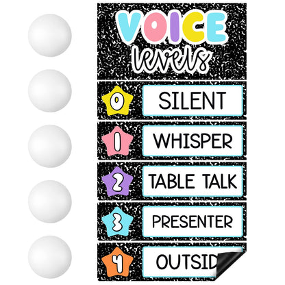 Glooglitter 5 Pcs School Magnetic Voice Level Chart Poster and Push Light Composition Notebook Classroom Decor LED Tap Light Chart Noise Voice Level Sign for Classroom Teacher Back to School Supplies