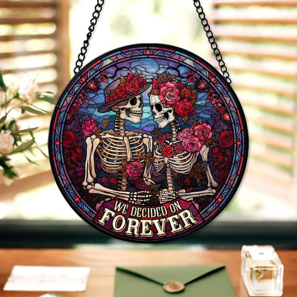 FIVITY FIVITY Stained Glass Window Hanging 7.8'' Skeleton Couple Suncatcher We Decided On Forever Stained Glass Ornament Suncatchers with Hanging Chain for Wife Husband Wedding for Hi