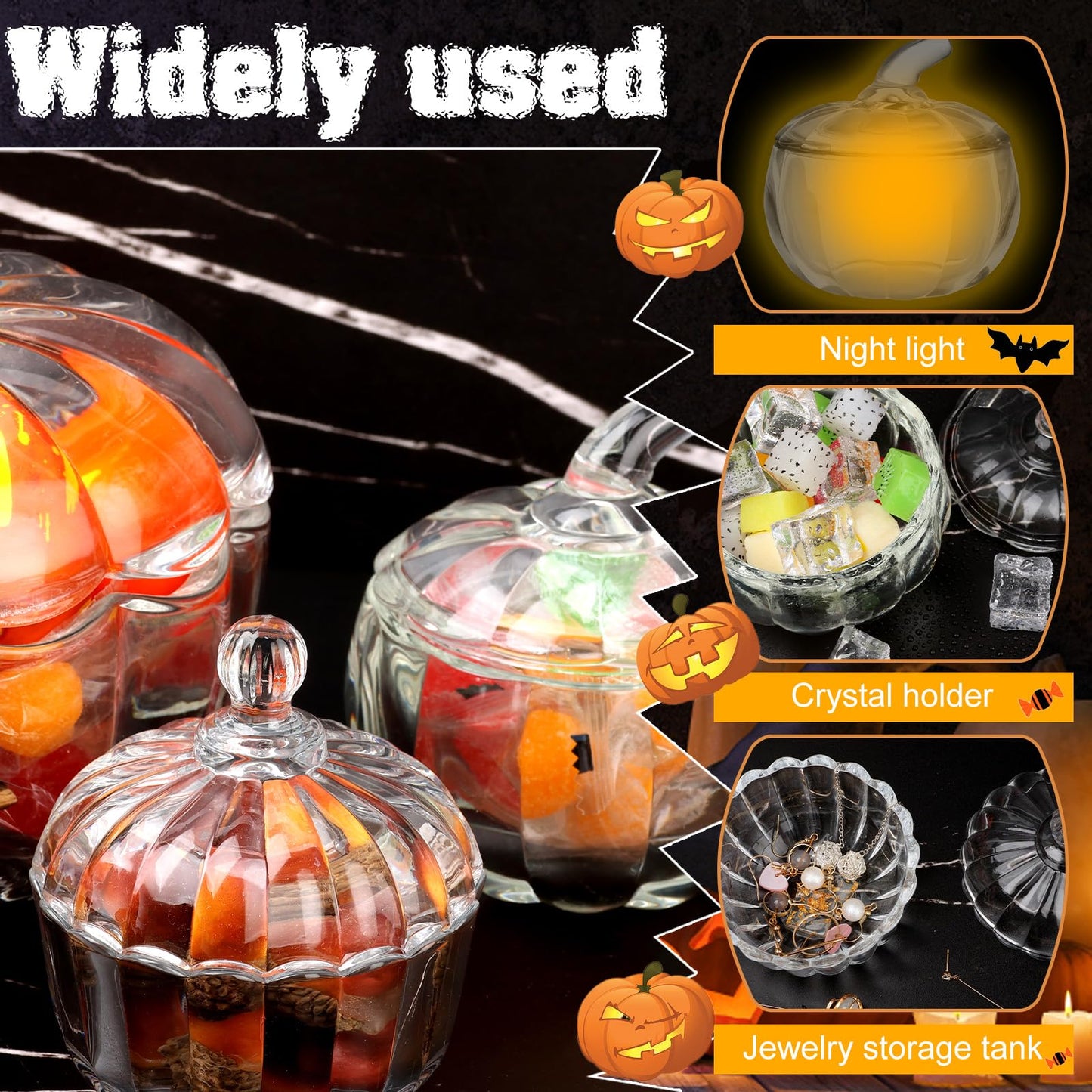 3 Pcs Halloween Pumpkin Candy Jar with Lids Glass Candy Bowl Cute Clear Cookie Storage Jar Crystal Candy Dish Office Desk Decorative Jars for Halloween Party Decoration Home Holiday Supplies Gift