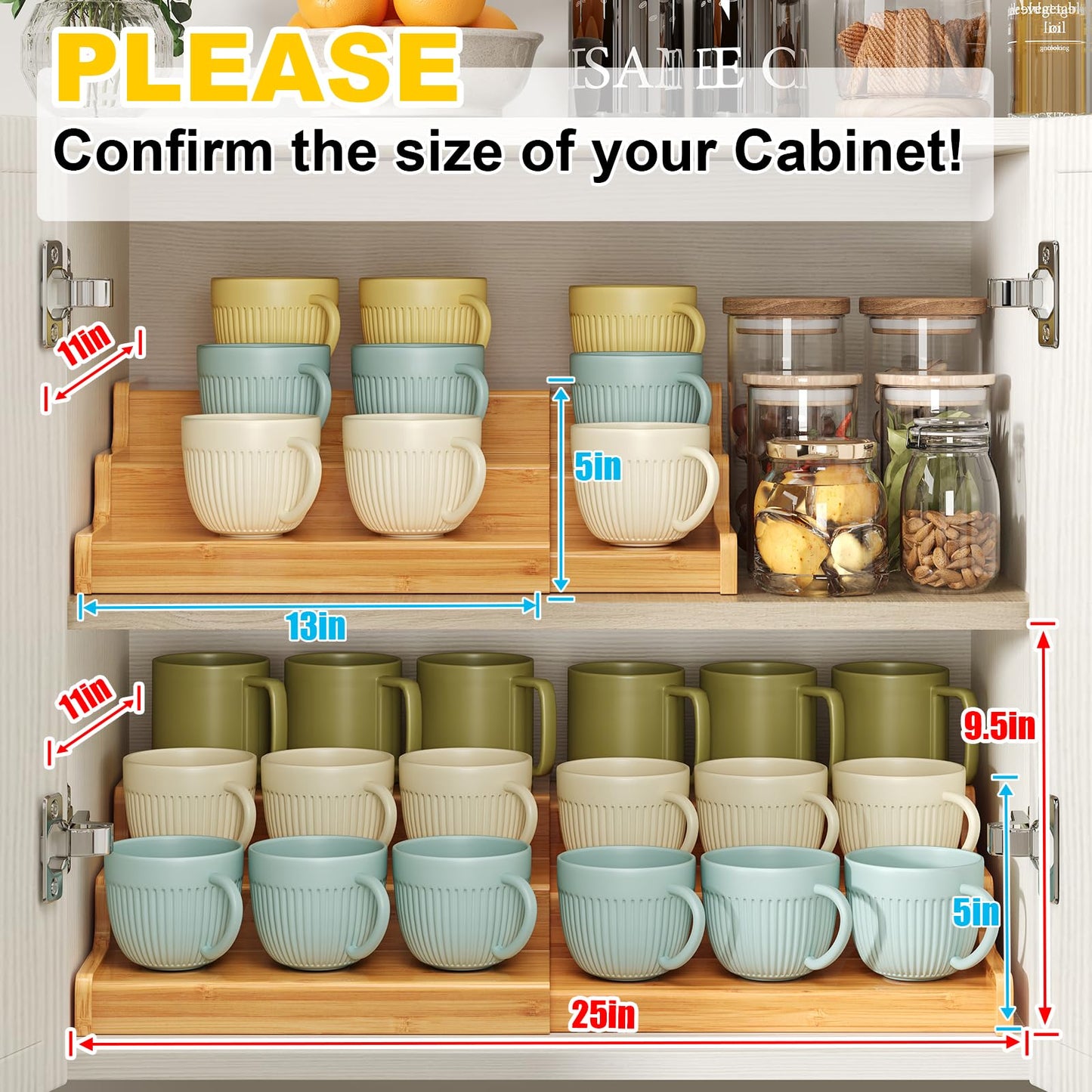Hongtamoya 3-Tier Expandable Bamboo Mug Holder For Countertop Coffee Cup Holder Display Mug Organizer Mug Rack for Coffee Bar Organizer Mug Shelf for Cabinet for Kitchen, Home