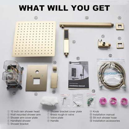 Brushed Gold Shower System with 10-Inch Rain Showerhead and Handheld