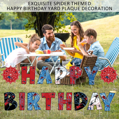GlikCeil 15 Pcs Spider Happy Birthday Yard Signs with Metal Stakes Happy Birthday Letter Lawn Signs Spider Theme Party Favors Decorations for Outdoor Yard Lawn