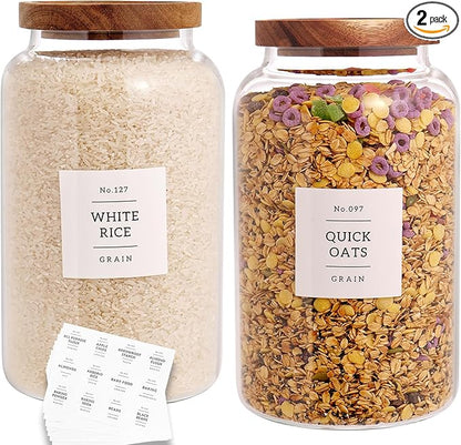 CZHQSMZ Set of 2 Large Glass Jar with Airtight Acacia Lid and 132 Kitchen Pantry Labels, Clear Glass Food Storage Jars Containers for Rice Flour Pasta Sugar Coffee Cookie and More(98 Fl Oz/2800 Ml)