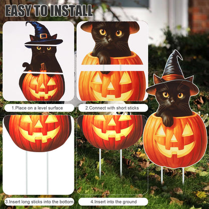 Large Outdoor Halloween Yard Signs, 2 PCS 31 inch Pumpkin Black Cat Halloween Yard Stakes Kids Friendly for Lawn Garden Home Decor Outside Party Supplies