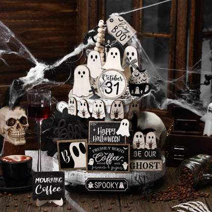 Seeloowy 19 Pcs Halloween Tiered Tray Decor Set Happy Halloween Cut Ghost Boo Wooden Signs Bat Coffee Rustic Table Decorations for Farmhouse Kitchen Shelf Party Supplies