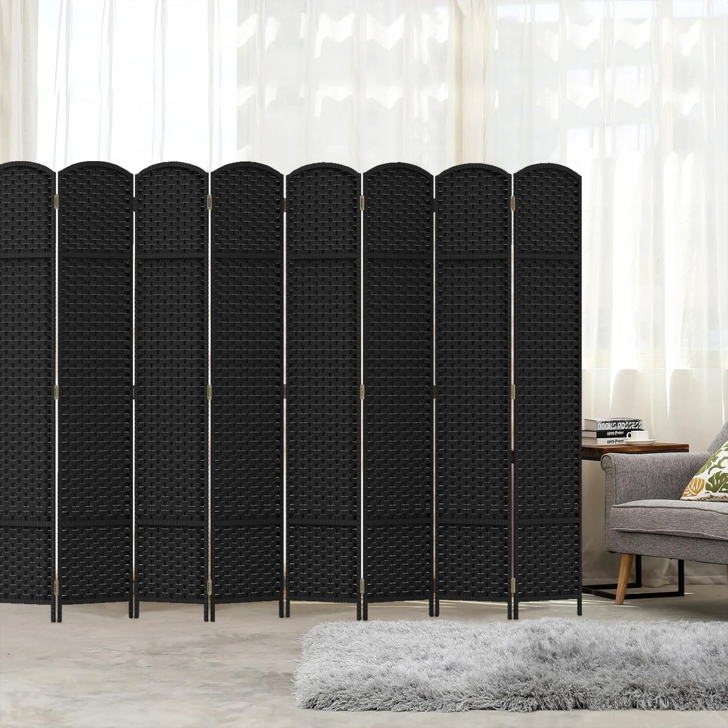 Room Divider 8 Panel Screen 5.6 Ft Tall Partition Room Dividers Black Privacy Screens Folding Room Separation Free Standing Waterproof Wood Frame Wall Divider