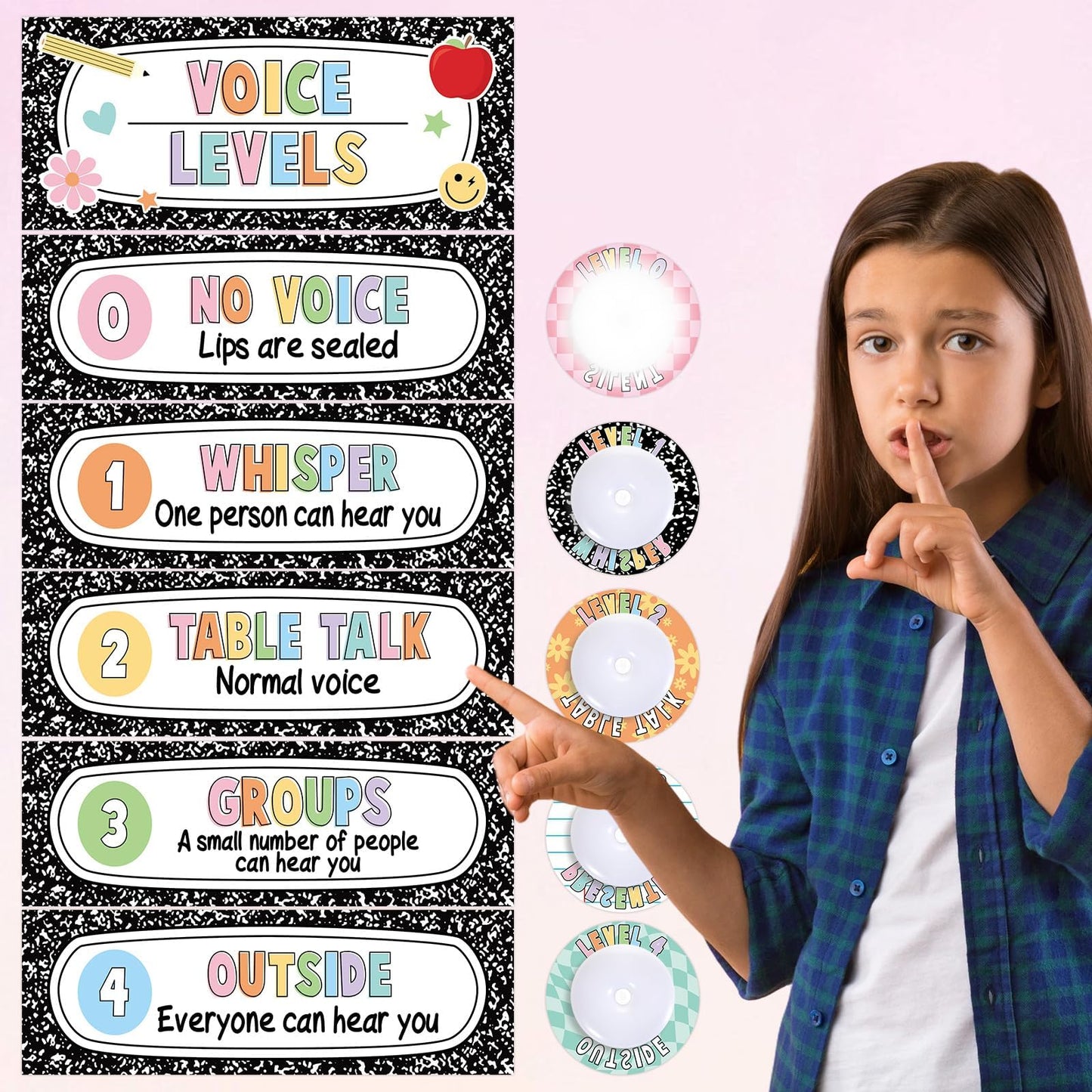 5 Pcs School Push Light and Voice Level Poster Voice Level Chart Monitor Rules Sign LED Tap Light Classroom Rules Poster Noise Chart Classroom Management Tools for Teachers Kids（Composition Style）