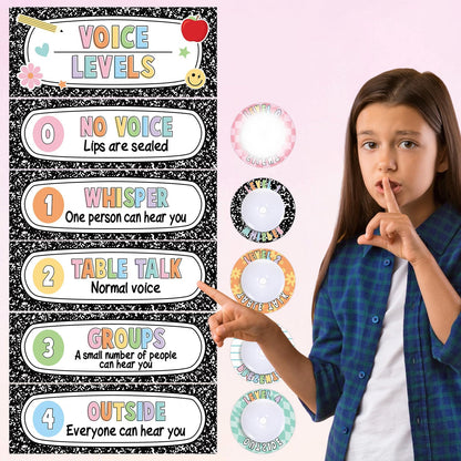 5 Pcs School Push Light and Voice Level Poster Voice Level Chart Monitor Rules Sign LED Tap Light Classroom Rules Poster Noise Chart Classroom Management Tools for Teachers Kids（Composition Style）
