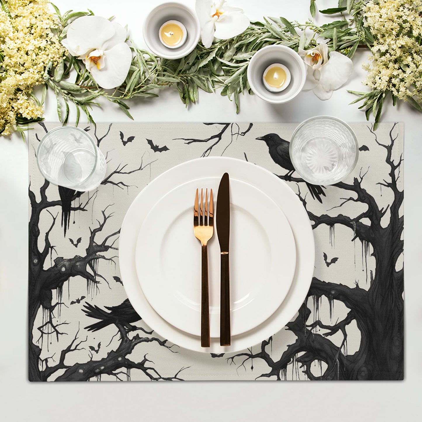 Crow Halloween Placemats Set of 4 18x12 Inch Ravens and Bats in Forest Linen Place Mats Heat-Resistant Washable Wipeable Holiday Table Mat for Party Kitchen Dining Room Dinner Table Decor
