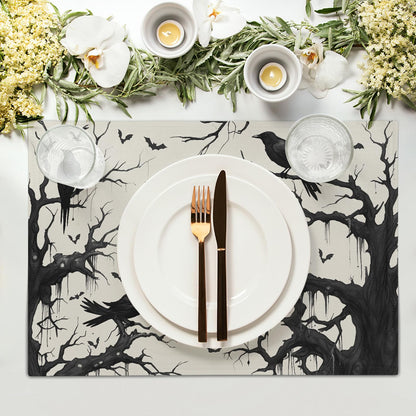 Crow Halloween Placemats Set of 4 18x12 Inch Ravens and Bats in Forest Linen Place Mats Heat-Resistant Washable Wipeable Holiday Table Mat for Party Kitchen Dining Room Dinner Table Decor
