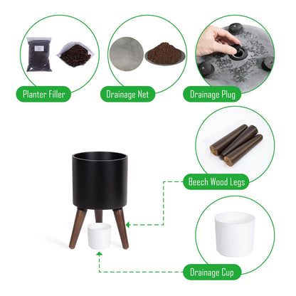 D'vine Dev 8 Inch Planter Pot with Stand, Mid-Century Tall Plant Pot with Legs for Indoor Plants, Small, Black, 88-O-A-2