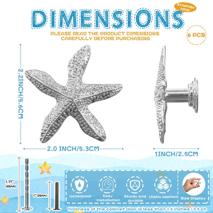 luluxing 6pcs Starfish Dresser Knobs Starfish Furniture Pull Knobs Silver Beach Ocean Theme Handles for Bathroom Kitchen Cupboard Wardrobe Decoration