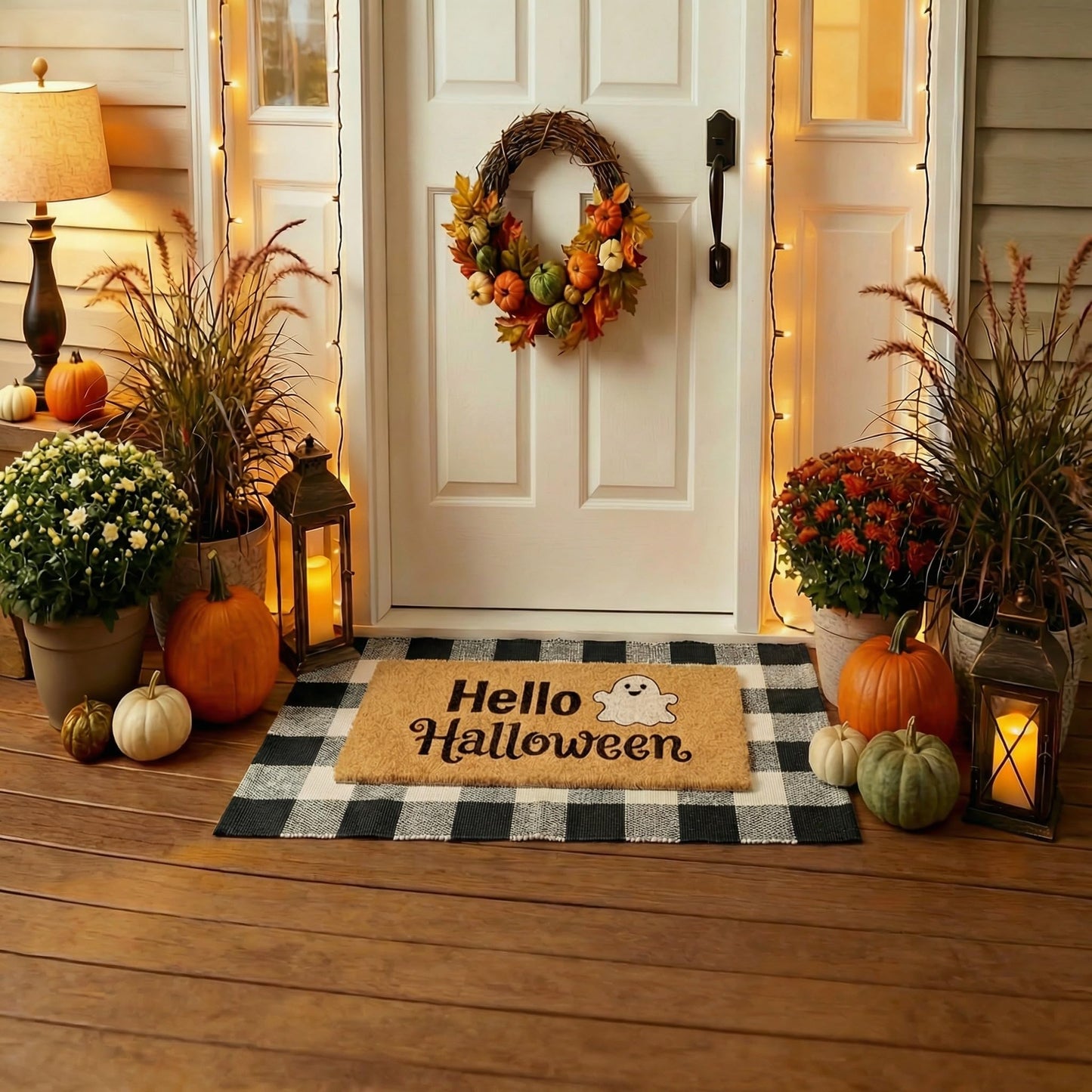 SKYPEA 2 Pcs Halloween Coir Doormat for Home 27.5 x 43 Inches with Black & White Buffalo Plaid Rug, Layered Non Slip Welcome Mats for Halloween Party, Patio & Indoor Outdoor Decor