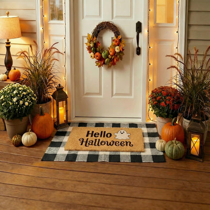 SKYPEA 2 Pcs Halloween Coir Doormat for Home 27.5 x 43 Inches with Black & White Buffalo Plaid Rug, Layered Non Slip Welcome Mats for Halloween Party, Patio & Indoor Outdoor Decor