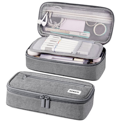 WEMATE Large Pencil Case Aesthetic,Big Capacity Canvas Pencil Pouch with Zipper, Pencil Case for Women & Men, Marker Pen Case,Portable Pencil Bag for Office Light Grey