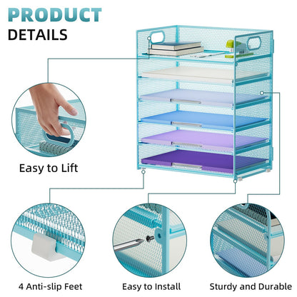 Marbrasse 2 Pack Desk Organizer with Handle, 6 Tier Paper Letter Tray, Mesh Desk File Organizer for Office, School and Home - Blue