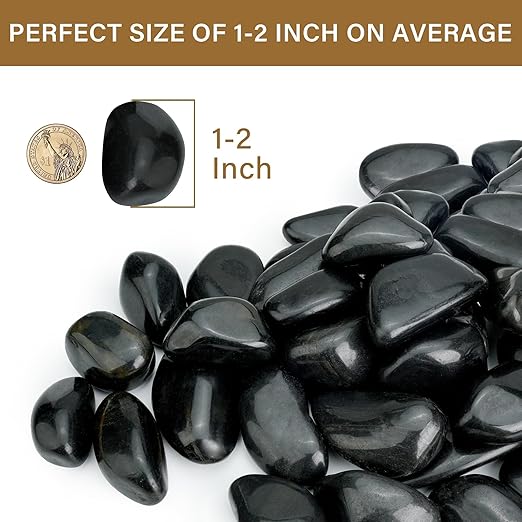 6lb Black River Rocks for Plants Indoor, 1-2Inch Pebbles for Vases Fillers, Decorative Gravel for Fish Tank, Natural Polished Stones for Succulent, Bonsai, Landscaping, Bird Baths