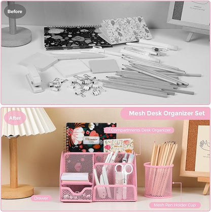 SKYDUE Pink Desk Accessories, Pink Office Supplies Set, Mesh Desk Organizer, Stapler, Tape Dispenser, Scissors, Binder/Paper Clips and 1000pcs Staples,Desk Organizer for Women